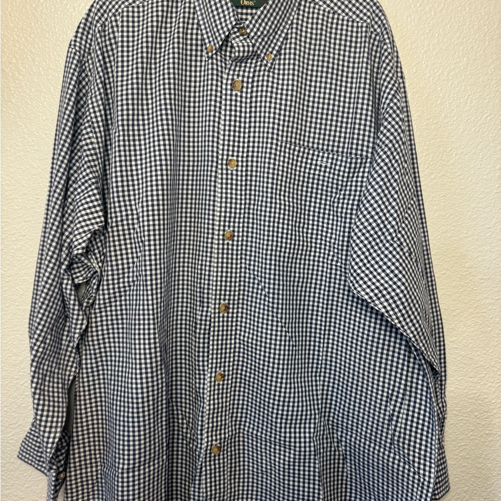 Orvis navy and white gingham button down long sleeve oxford casual shirt